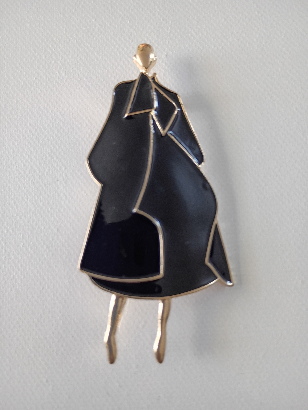 Stylized Black Enamel Woman Brooch Pin - Gold Trim